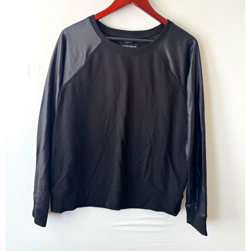 Victoria Sport Fleece Sweatshirt Womens S Black Raglan Crewneck Stretch